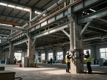 Wide interior shot of a large industrial manufacturing plant under fit-out, steel mezzanine structure and overhead pipe runs visible, workers in hard hats and safety vests installing electrical conduit along a concrete column, dramatic side-lit industrial environment