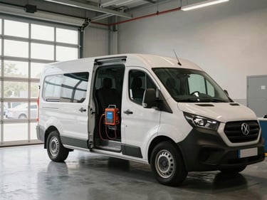 Wide shot of a light commercial van parked inside a fleet garage bay, side door open, diagnostic equipment connected, morning light through large bay doors, no people, documentary style