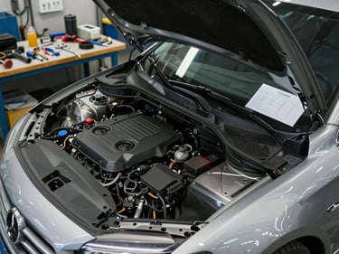 High-angle close-up of a sedan's open engine bay in a workshop, inspection checklist form attached to the windshield, tools laid out neatly on a workbench to the left, overcast industrial daylight, documentary framing