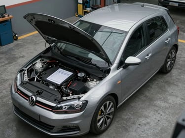 High-angle overhead shot of a compact used hatchback on a workshop floor, engine bay open, inspection checklist form visible on the hood, overcast daylight, documentary style, no beauty lighting