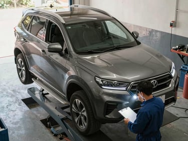 High-angle overhead shot of a mid-size SUV in a garage, lifted slightly on ramps, technician inspecting undercarriage with flashlight, clipboard on bonnet, industrial daylight, documentary framing