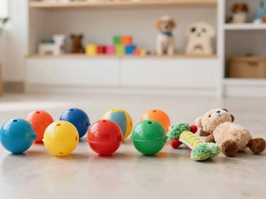 Colorful array of pet toys (balls, chew toys, plushies) on a clean surface, bright natural light, playful arrangement.