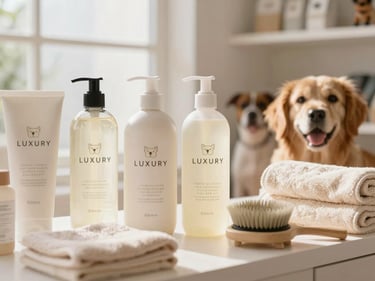 Luxury pet shampoo, conditioner, and grooming brushes neatly arranged, soft towels, bright natural light.