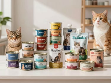 Assortment of high-quality wet cat food cans and pouches, artfully arranged, bright natural light, clean background.