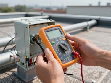 Hands holding a digital multimeter probing a junction box terminal on a commercial rooftop installation, wiring and conduit in background, studio strobe detail lighting, no faces visible