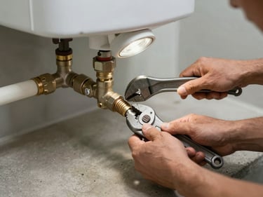Close-up of a plumber's hands connecting the inlet line to a new tank water heater in a utility closet, pipe wrench in use, work light overhead, clean concrete floor beneath