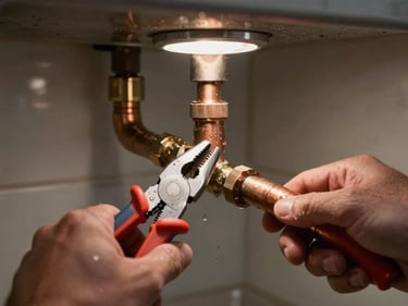 Close-up of a plumber's hands using channel-lock pliers on a leaking copper pipe joint under a sink, water droplets visible on the pipe surface, work light illuminating the repair area in a dim cabinet