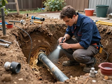 Wide environmental shot of a plumber kneeling in a backyard trench beside an exposed sewer line, inspecting the pipe with a flashlight, natural afternoon daylight, dirt and pipe fittings visible around the work area