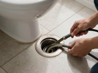 Overhead shot of a drain snake being fed into a floor drain in a residential bathroom, technician's hands guiding the cable, natural daylight from a nearby window casting soft shadows on the tile floor