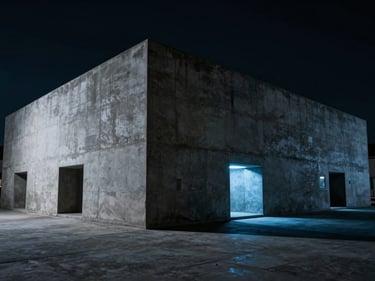 Imposing brutalist concrete command bunker exterior, low-key lighting, cool blue accents, wide perspective