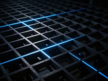 Abstract quantum lattice, glowing blue lines, dark cinematic sci-fi photography, high-contrast shadows