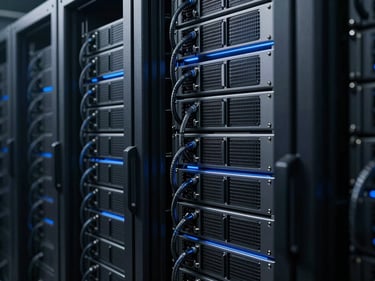 Server racks with custom cooling lines, macro shot of high-density optical storage, dark cinematic sci-fi photography