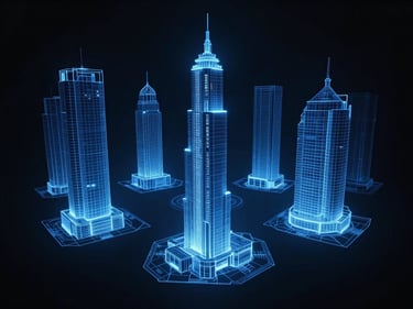 Blueprints of multi-dimensional architecture, holographic projection, sharp blue light, dark cinematic sci-fi photography