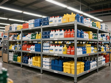 Wide shot of industrial and safety supplies arranged on metal warehouse shelving under bright fluorescent lighting, clearly labeled and organized by category