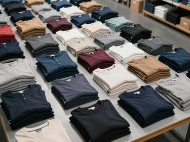 Wide overhead shot of neatly folded apparel items arranged in organized rows on a warehouse packing table, bright consistent studio lighting, quality-control focus