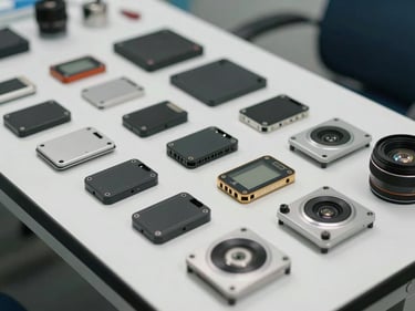Close-up of consumer electronics components laid out on a white inspection table under bright daylight, organized and precisely arranged for quality review