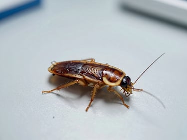 Macro shot of a German cockroach on a clean sterile surface, high contrast, clinical laboratory lighting