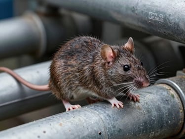 Educational macro photograph of a brown rat near urban pipes, high contrast clinical lighting, scientific framing