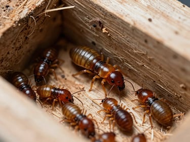 Close-up of subterranean termite activity inside damaged wood fibers, scientific laboratory lighting, sharp detail