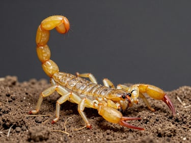 Macro photograph of a yellow scorpion on dry soil, clinical studio lighting, high contrast, scientific documentation style