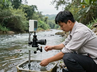 Field technician collecting water samples from a river monitoring station using professional equipment, overcast daylight, dense vegetation on opposite bank, clinical framing