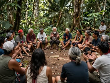 Wide shot of tribal elders and youth gathered in a forest clearing for a community meeting, overhead natural light filtering through canopy, hands gesturing in discussion, documentary realism