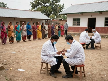 Health camp in a village courtyard, medical staff checking a patient while a small queue waits in the background, wide natural daylight, documentary framing showing community scale and real clinical activity