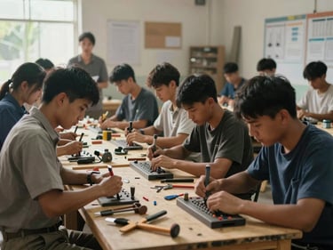 Young rural men and women at a vocational skills bench, working with tools and materials, instructor visible in background, diffuse workshop light, wide framing showing full group activity