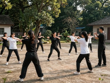 Outdoor self-defense training session in a village ground, women practicing stance in pairs under afternoon sun, wide shot showing instructor and full group, natural setting with trees in background
