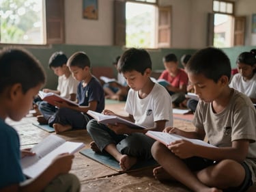 Close-up of children seated on floor mats in a village classroom, reading from notebooks, diffuse morning light through open windows, documentary framing showing community setting