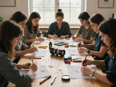 Women seated in a circle at a skill-training workshop, fabric and tools on table, warm diffuse daylight through a window, hands actively working, wide framing showing group scale