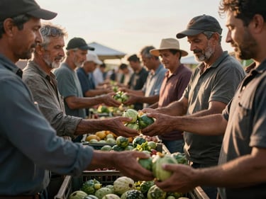 Farmers gathered around produce crates at a rural market, direct-sale transaction in progress, golden-hour side light, hands exchanging goods, documentary close-environmental framing