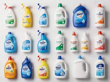 Overhead product flat-lay of assorted commercial goods — cleaning supplies, packaged consumables, and branded commercial containers arranged in a clean grid on a white surface under bright even studio lighting