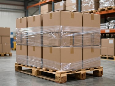 Environmental shot of a clean logistics staging area with stacked brown cardboard boxes on a pallet wrapped in clear stretch film, bright warehouse ambient lighting, concrete floor, organized shelving in background
