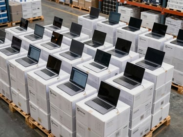 Wide overhead of laptops and tablets stacked in their boxes on warehouse pallet, bright fluorescent warehouse lighting, clean organized rows, no people
