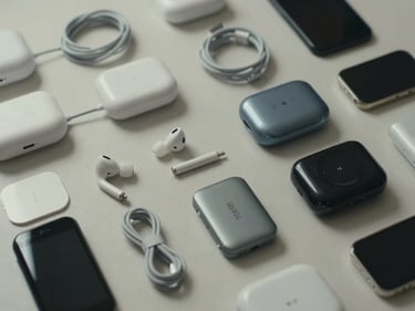 Close-up overhead shot of organized rows of consumer electronics — wireless earbuds, charging cables, and compact devices arranged on a clean neutral surface under bright even studio lighting, precise grid arrangement, soft shadows