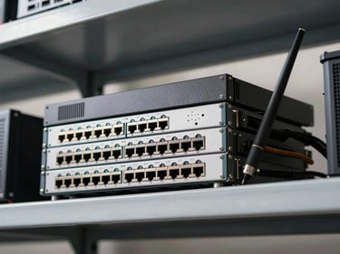 Clean overhead of networking hardware — routers, switches, ethernet patch panels — stacked on a metal shelf under bright warehouse lighting, no people
