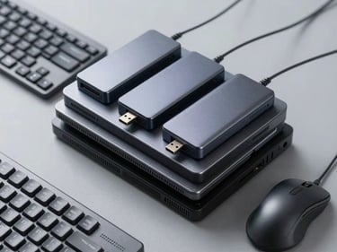 Overhead close-up of a tidy stack of computer peripherals — keyboards, mice, USB hubs — on a neutral grey surface, bright even studio lighting, no people