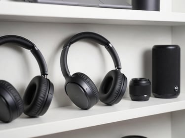Flat-lay overhead shot of wireless earbuds, over-ear headphones, and a portable speaker arranged on a clean white shelf, bright diffused studio lighting, no people