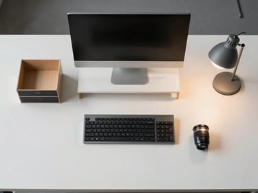 Wide overhead shot of a clean organized office desk setup — monitor stand, keyboard tray, desk organizer, and task lamp arranged symmetrically on a white surface, bright even studio lighting, soft shadows, no people