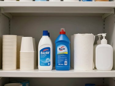 Overhead view of commercial breakroom supplies neatly arranged on a shelf — paper cups, cleaning products, paper towel rolls, and hand soap dispensers in a row, bright even studio lighting, no people, clean and organized