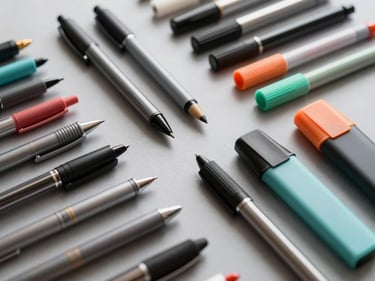 Close-up overhead of neatly organized writing instruments — pens, markers, and highlighters arranged in rows on a neutral light grey surface, bright even studio lighting, clean product photography with soft shadows