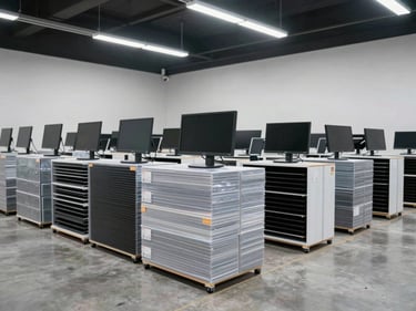 Wide-angle shot of monitors and display panels stacked in original packaging on warehouse floor, organized by size, bright overhead lighting, clean concrete, no people