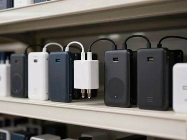 Clean overhead of charging equipment — power banks, multi-port chargers, wireless charging pads — lined up on a warehouse shelf under bright even lighting, no people