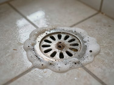 Shower floor drain blocked with hair and soap buildup, water pooling around it, bathroom tiles visible, natural window light, close-up documentary shot