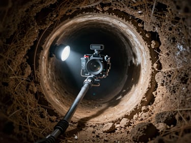 Underground sewer pipe inspection with camera light illuminating a heavily blocked clay pipe, dark tunnel environment, professional camera probe visible, documentary realism