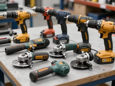 A collection of heavy-duty power tools, including drills and grinders, neatly arranged on a workbench under bright warehouse lighting, sharp focus.