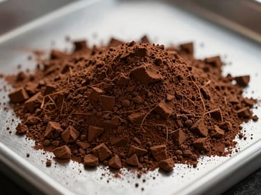 Extreme close-up of fine dark cocoa powder mounded on a stainless grading tray under natural facility light, showing rich brown texture and uniform particle size