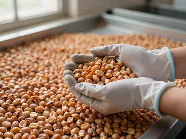 Gloved hands cupping a batch of shelled peanuts over a grading table in a sorting facility, natural light from a high window, warm ochre tones of the kernels