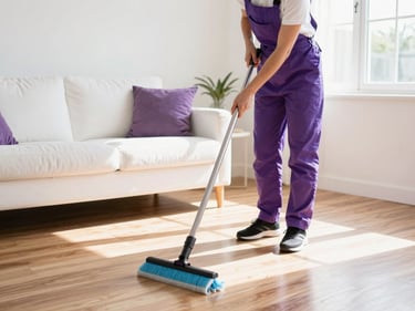 Bright commercial photography of a clean, organized living room after a professional cleanout, sunlight reflecting off polished wood floors, 35mm